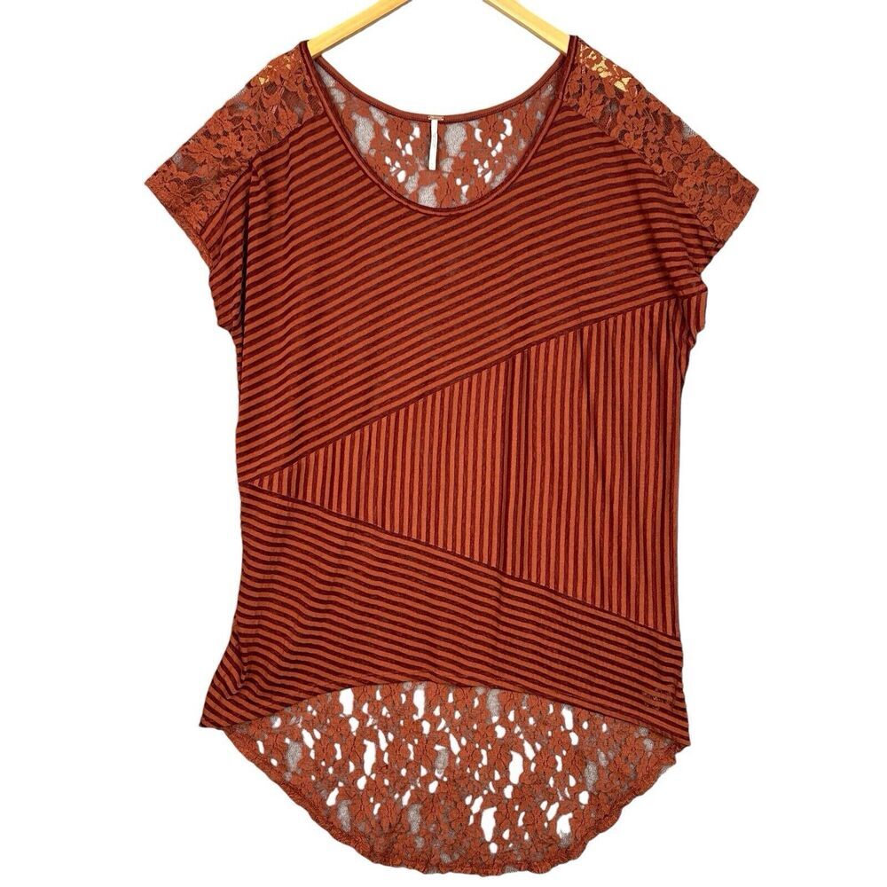 Free People Burnt Orange Lace Crochet Tunic Top Women’s L Boho High Low